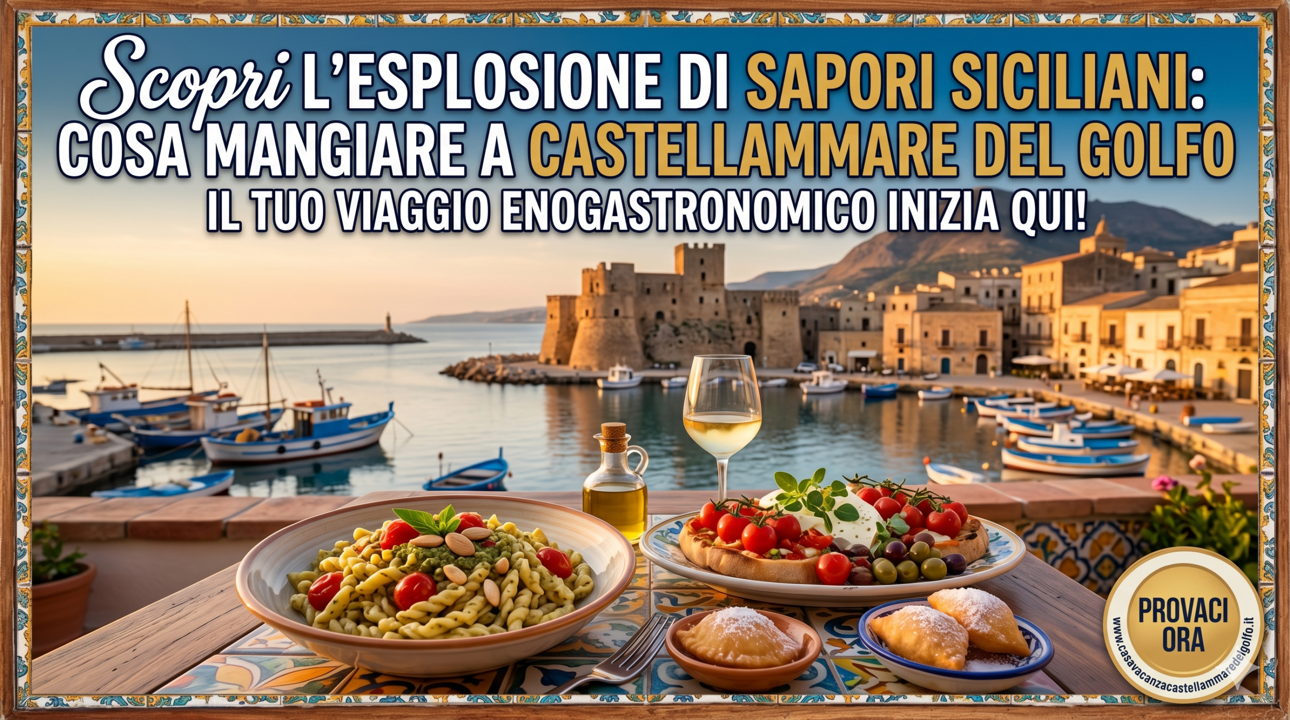 Una tavola imbandita con piatti tipici e specialità locali, perfetta per illustrare cosa mangiare a Castellammare del Golfo durante una vacanza in Sicilia.