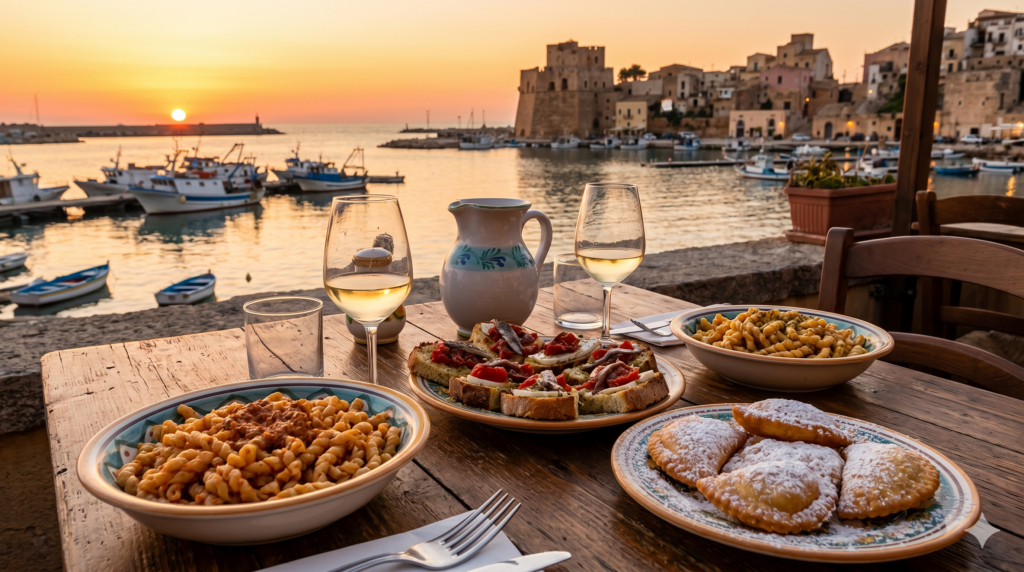 Cosa Mangiare: 10 Piatti Tipici esclusivi e sconosciuti a Castellammare del Golfo 2 Un tavolo con piatti tipici siciliani e busiate, ideale per chi cerca cosa mangiare a Castellammare del Golfo.